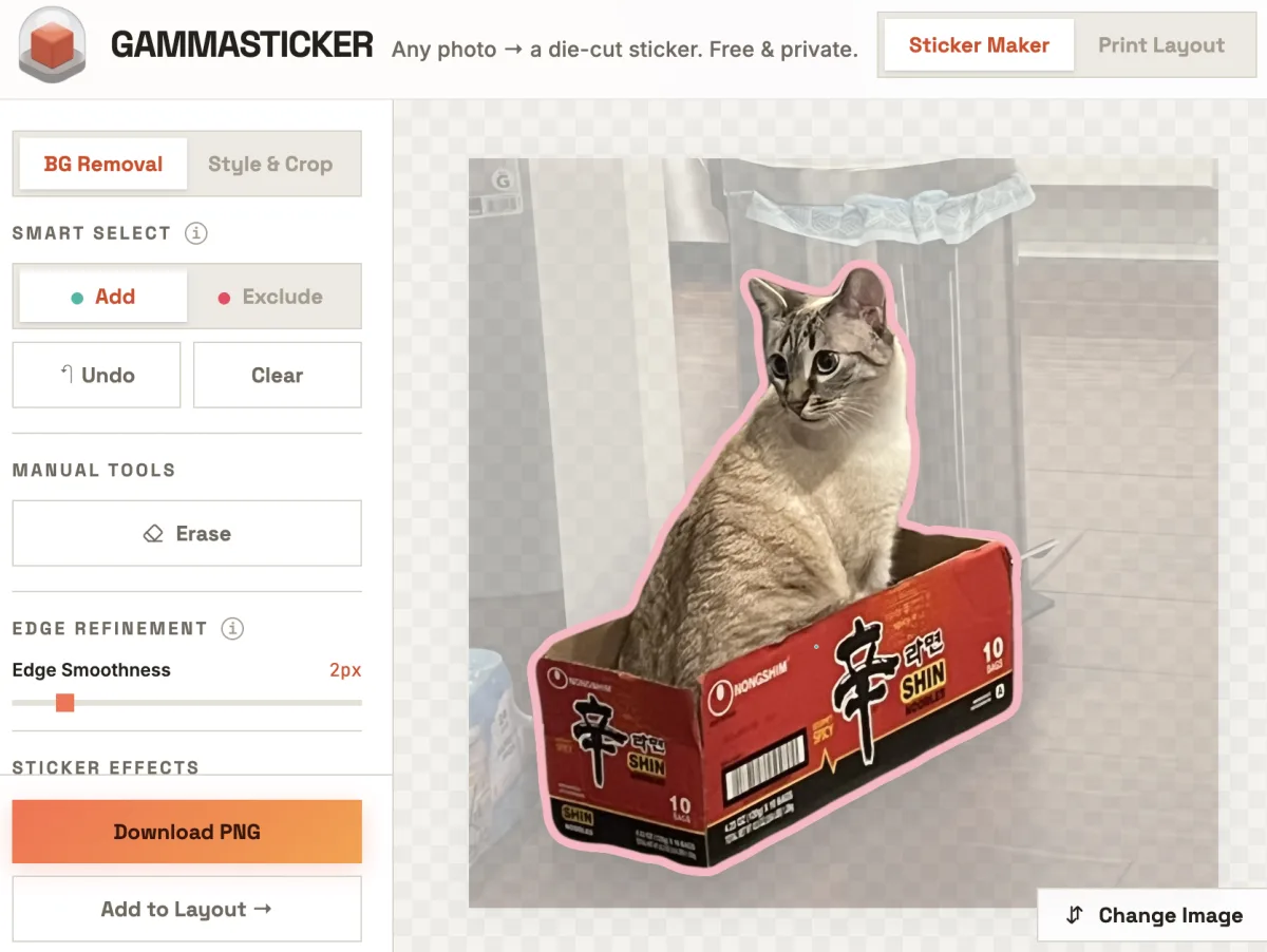 GammaSticker turning a candid photo of a cat sitting in a cardboard box into a die-cut sticker with a pink border