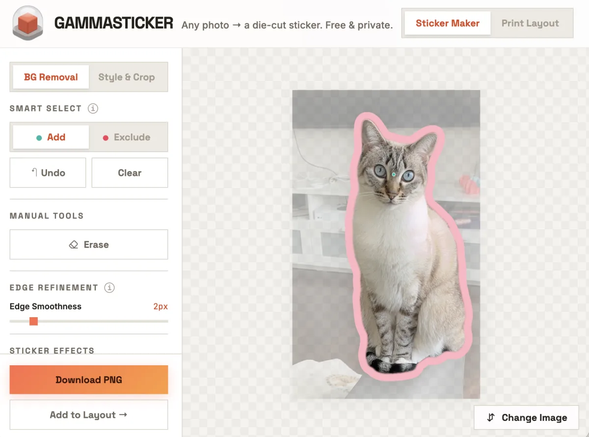 GammaSticker turning a cat photo into a die-cut sticker
